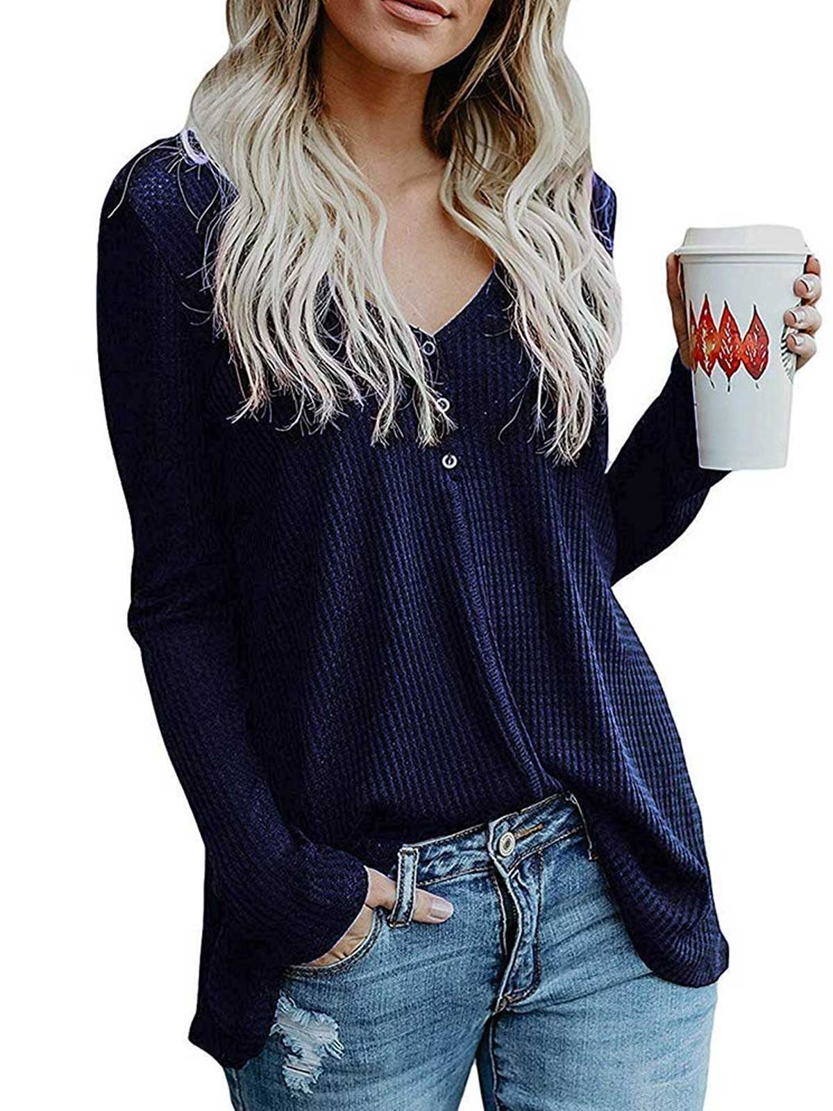 Botton Down V Neck Knit Tops