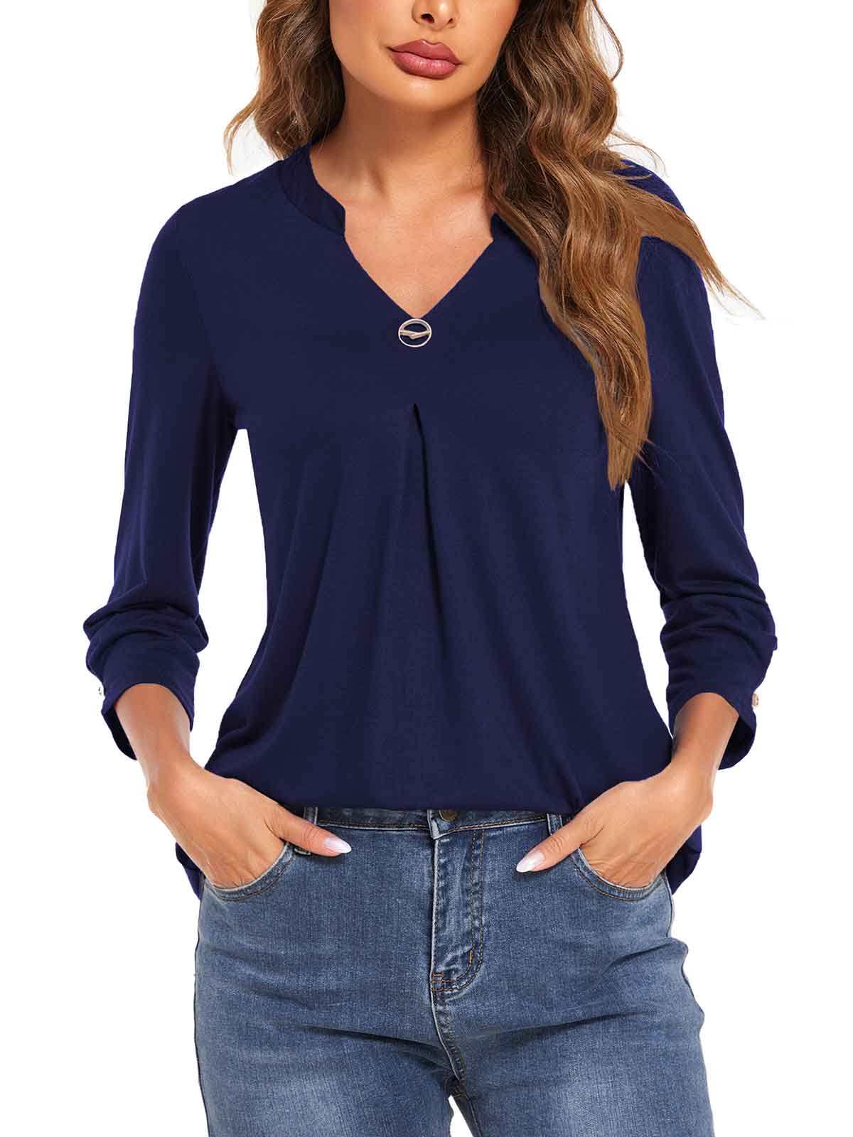 3/4 Sleeve Pleated Plain Tops