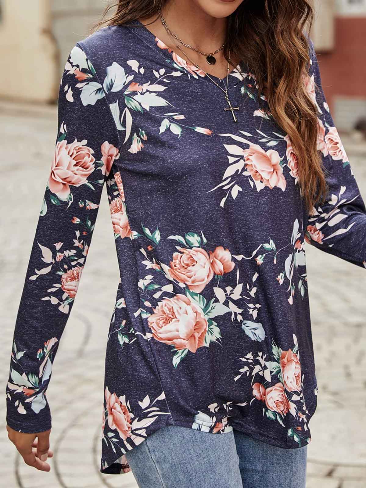 Floral Print V Neck Tops