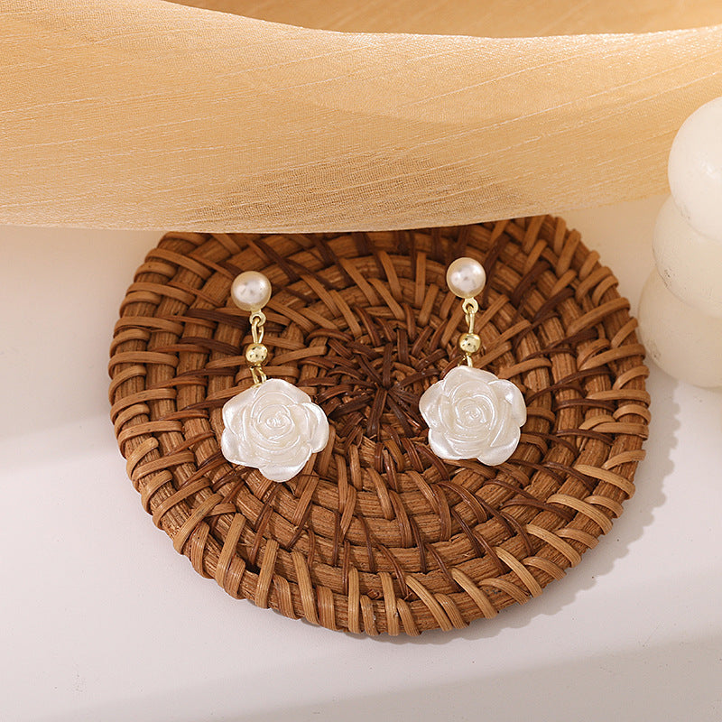 White Rose Pearl Earrings