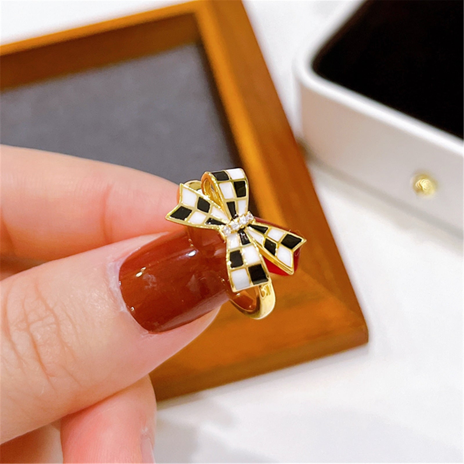 Bow Checkerboard Open Ring