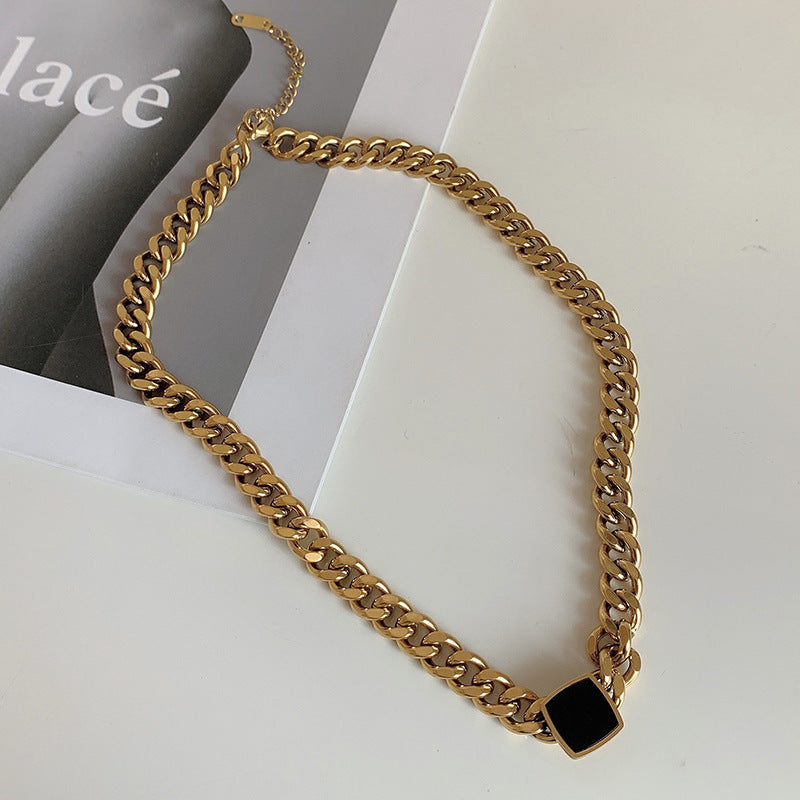 Black Square Titanium Thick Chain Necklace