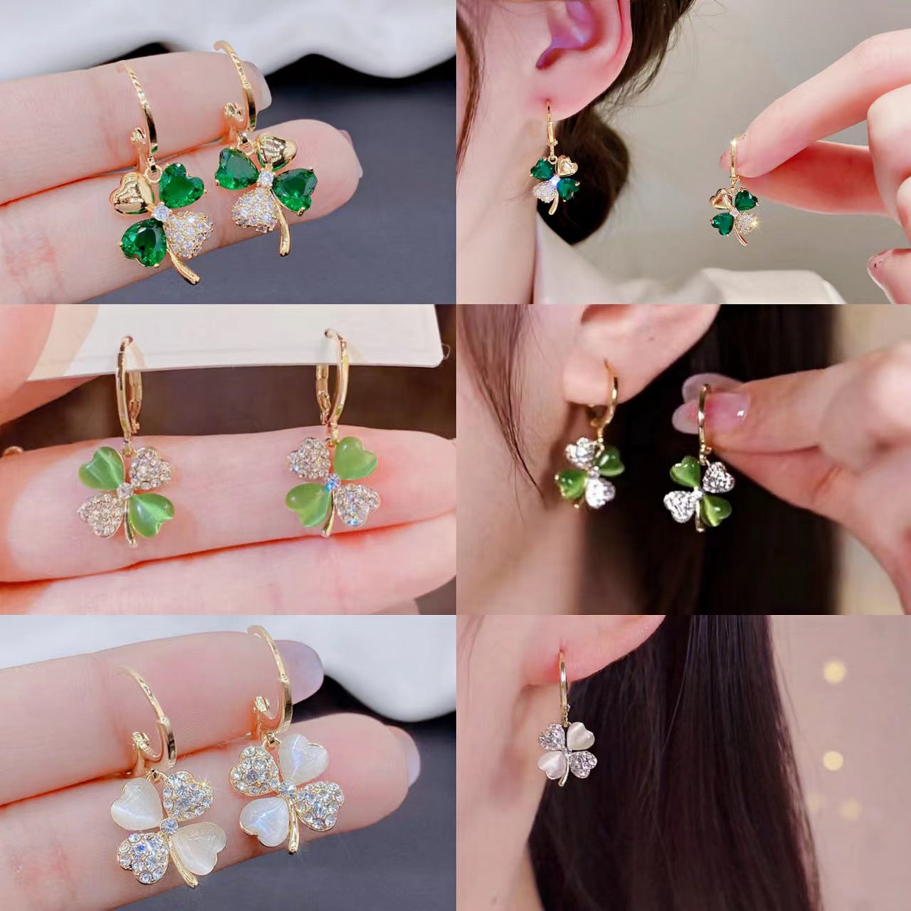 S925 emerald Four Leaf Flower Earrings