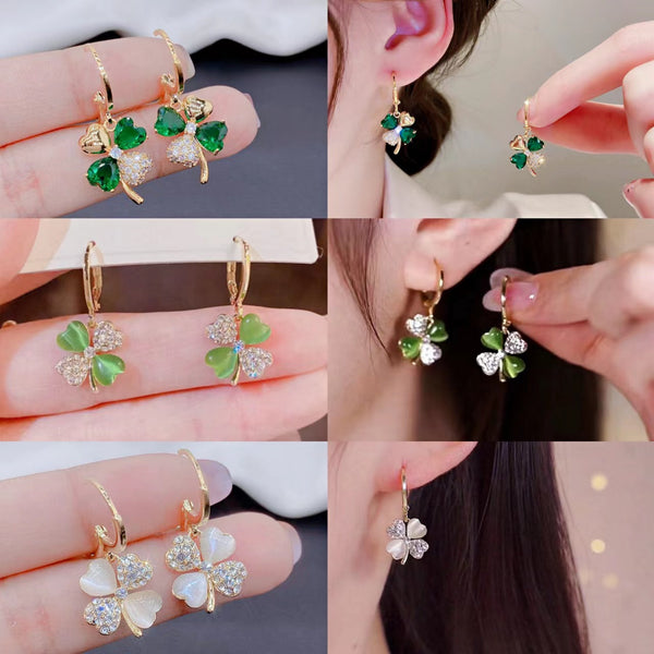 S925 emerald Four Leaf Flower Earrings