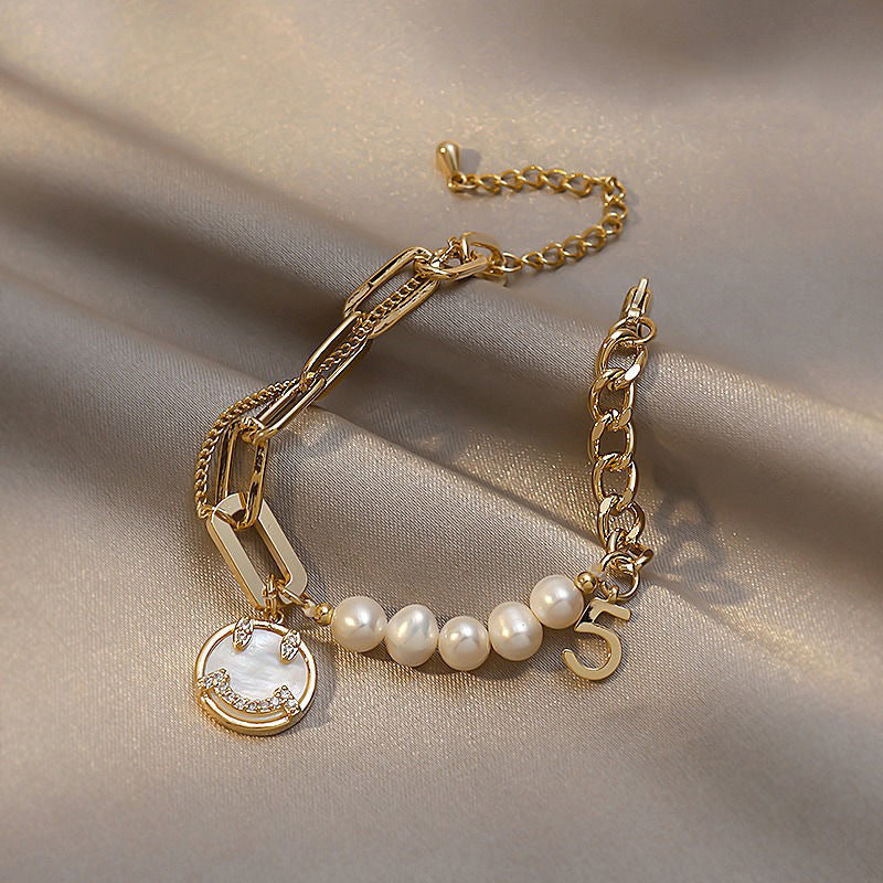 Smiley Face Pendant with Pearl Alloy Bracelet