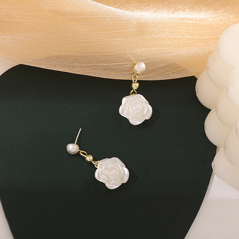 White Rose Pearl Earrings