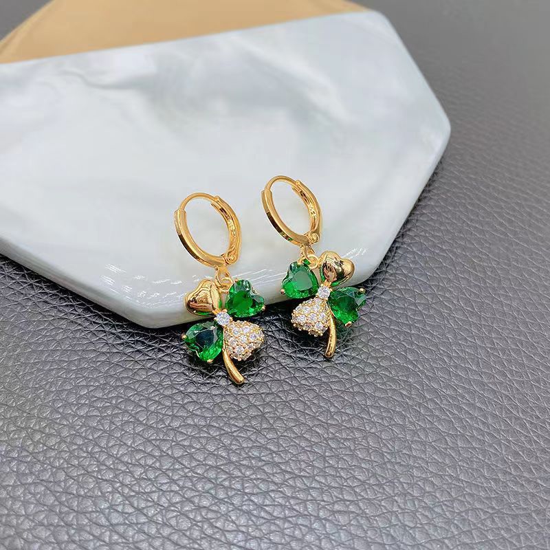 S925 emerald Four Leaf Flower Earrings