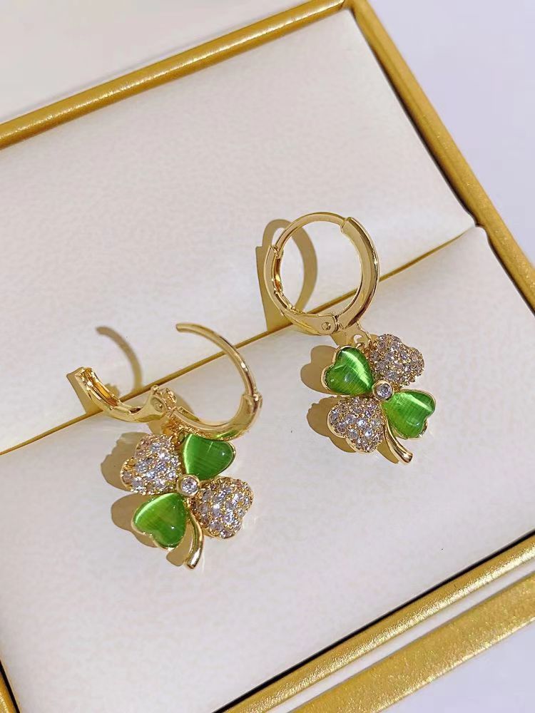 S925 emerald Four Leaf Flower Earrings