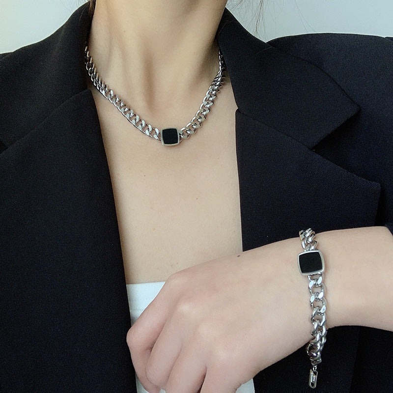 Black Square Titanium Thick Chain Necklace