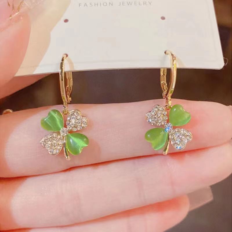 S925 emerald Four Leaf Flower Earrings