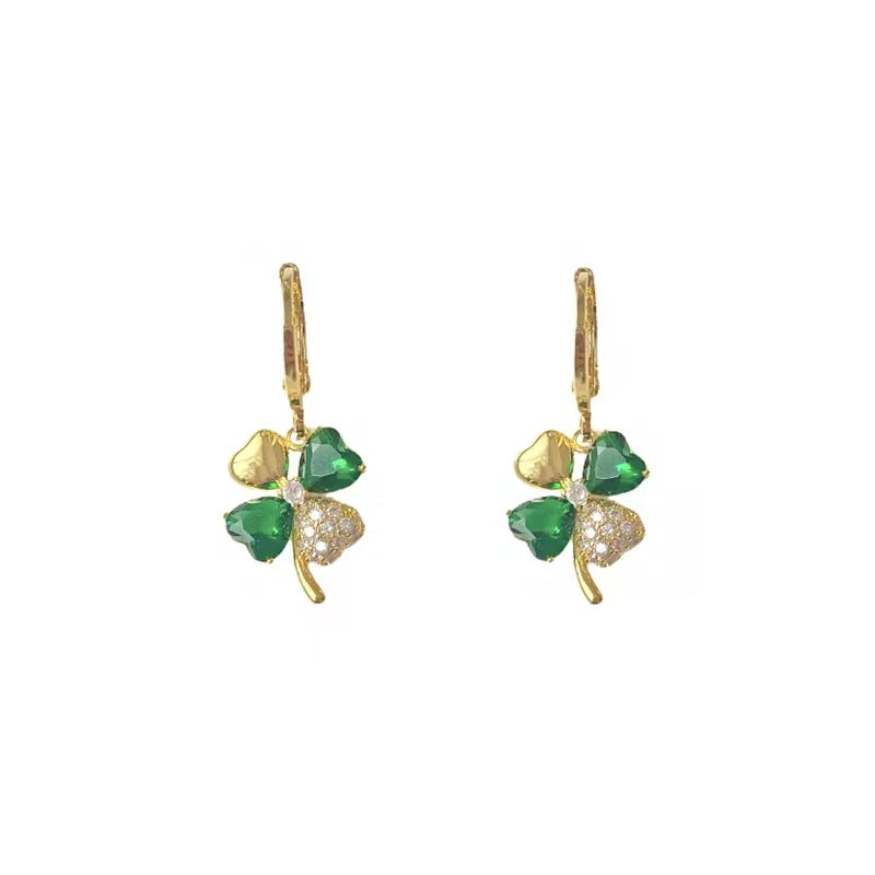 S925 emerald Four Leaf Flower Earrings