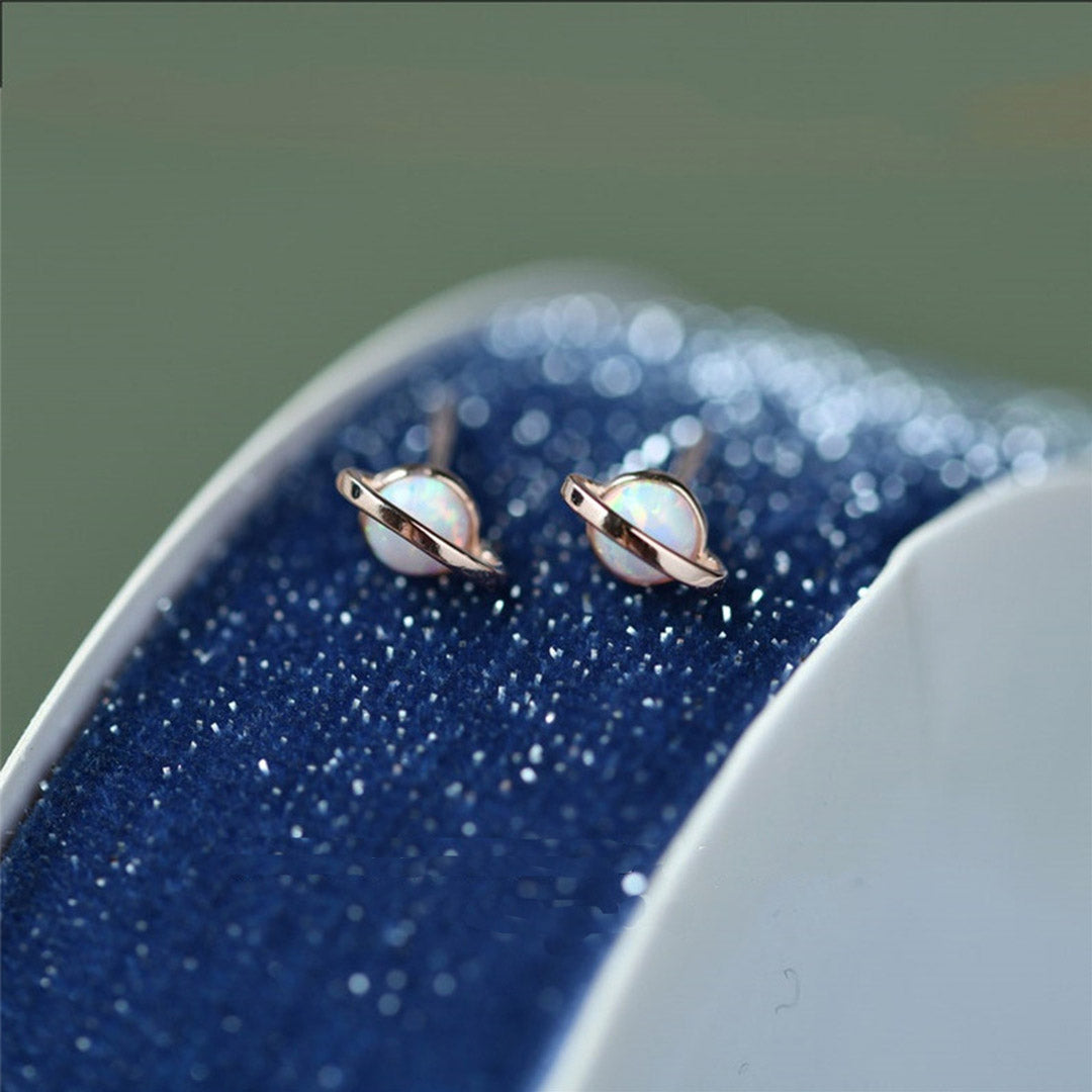 White Fire Opal Planet Stud Earrings