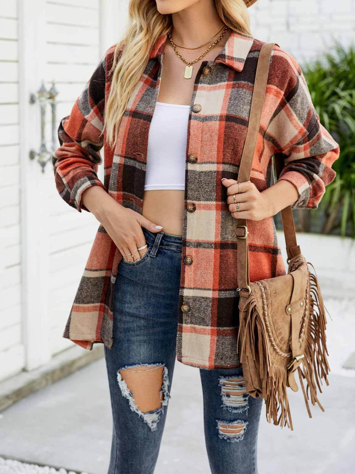 Wool Blend Plaid Button Down Jacket