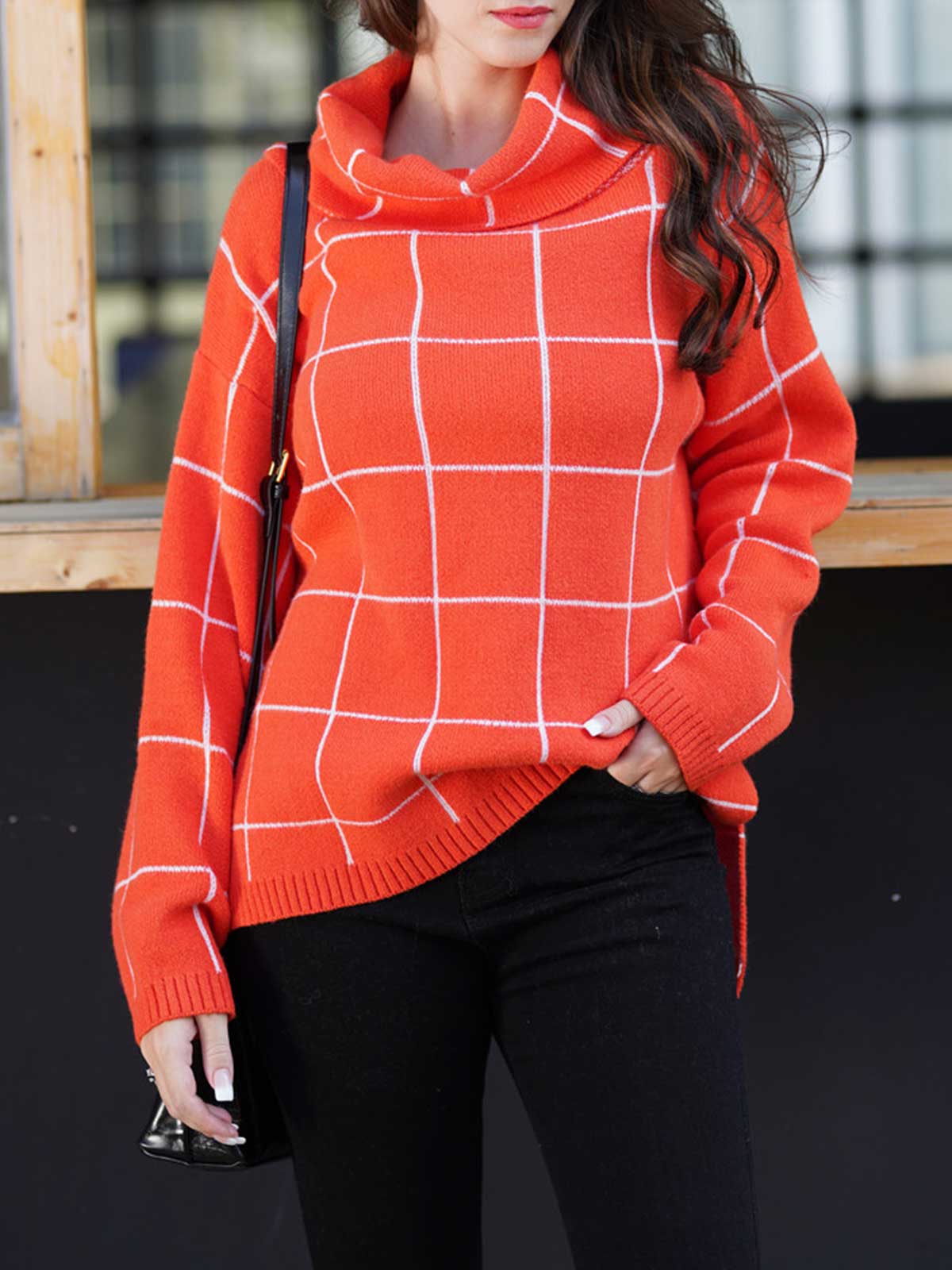 Turtleneck Slide Split Plaid Sweater