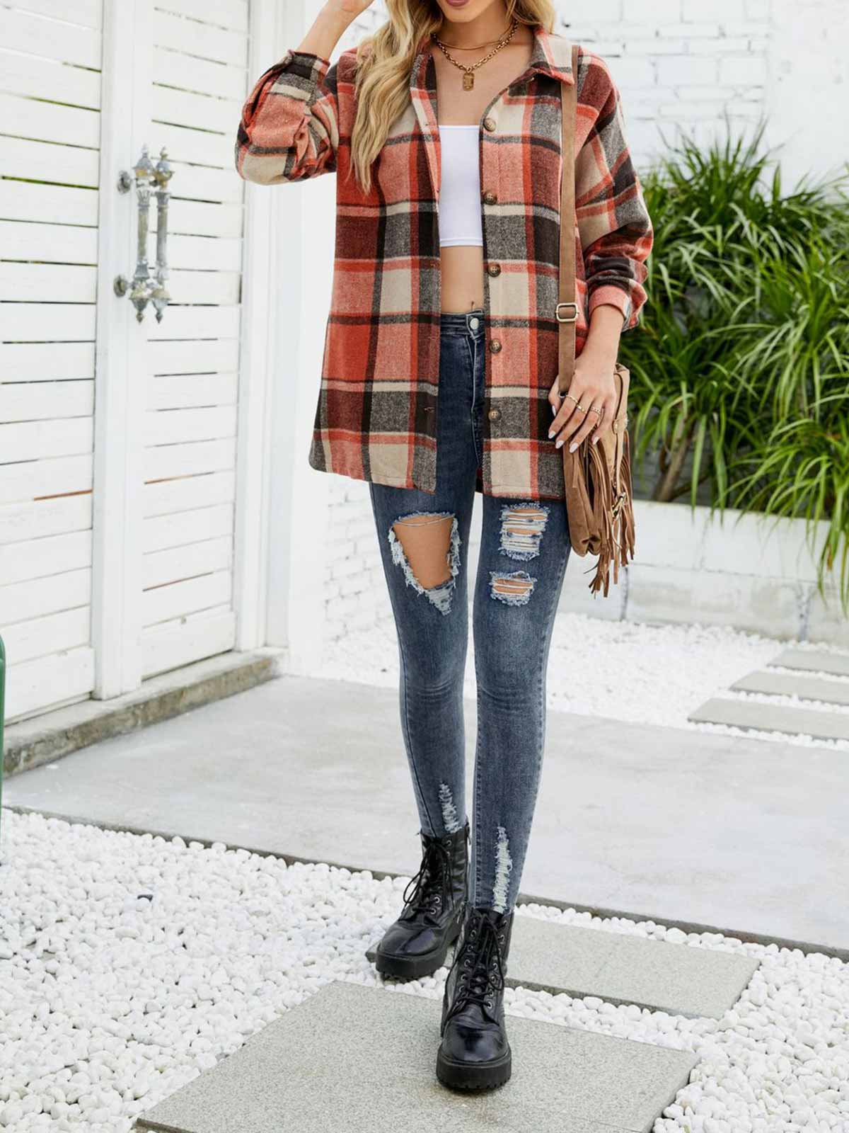 Wool Blend Plaid Button Down Jacket