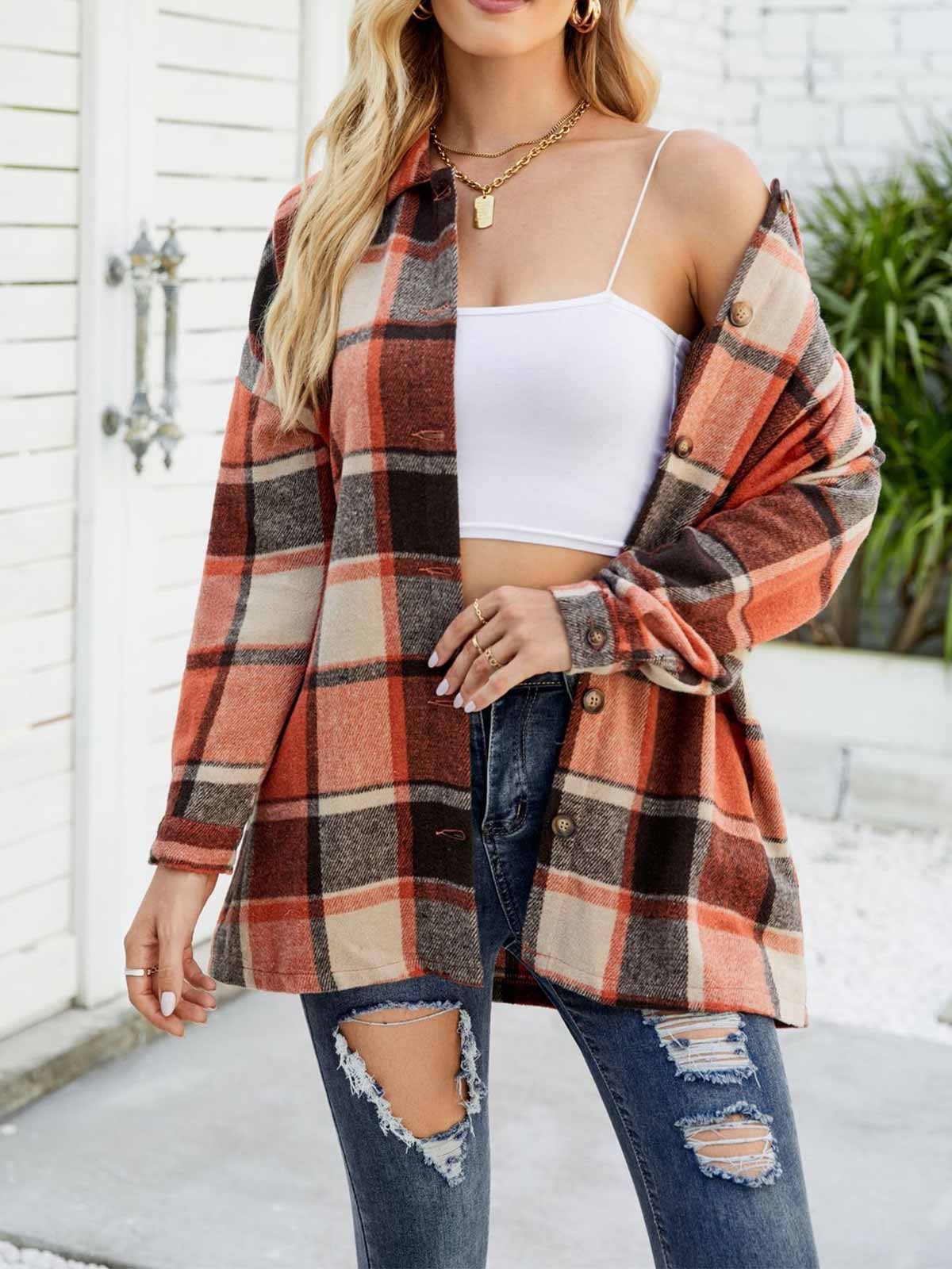 Wool Blend Plaid Button Down Jacket