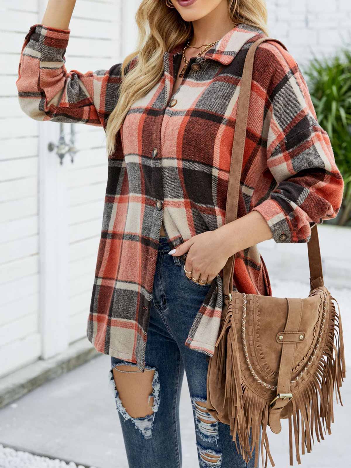 Wool Blend Plaid Button Down Jacket