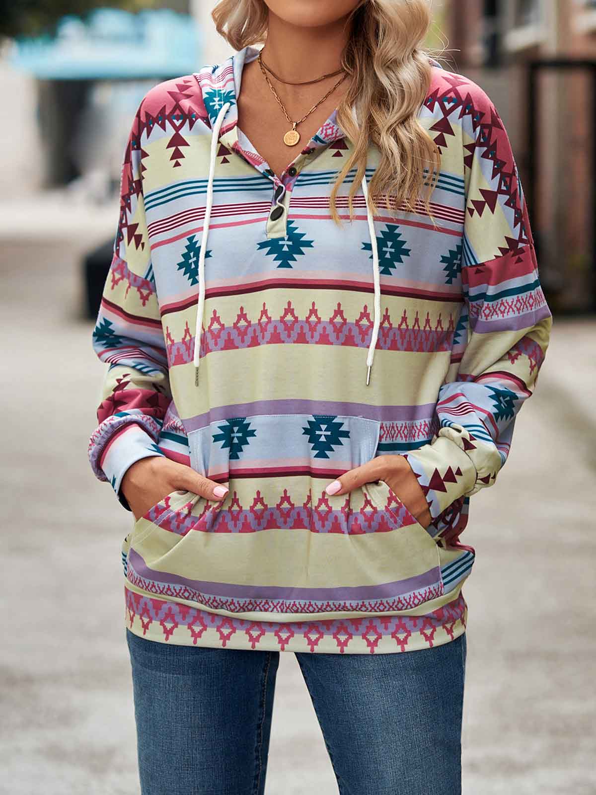 Geometric Print Hoodie with Pockets