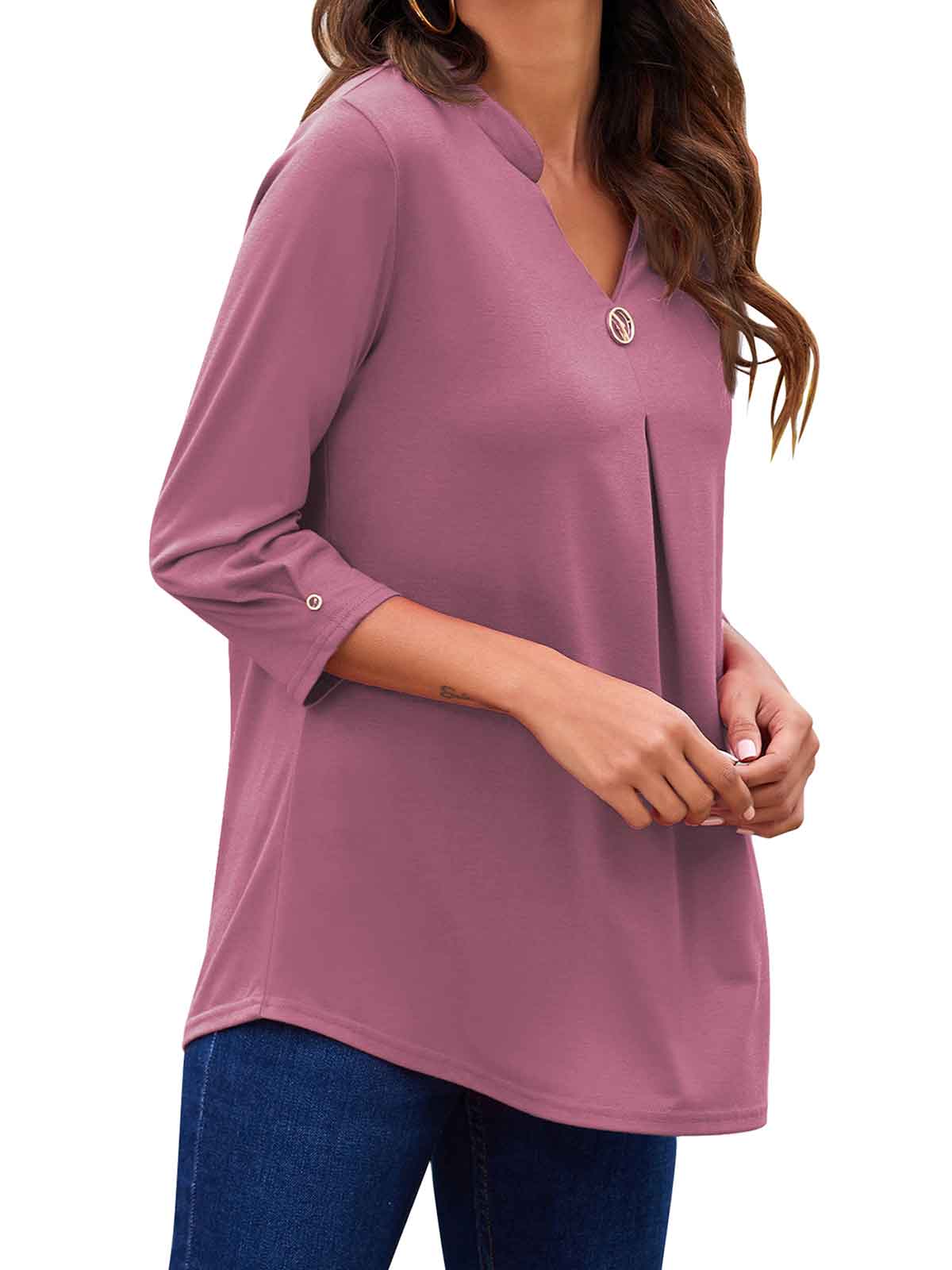 3/4 Sleeve Pleated Plain Tops