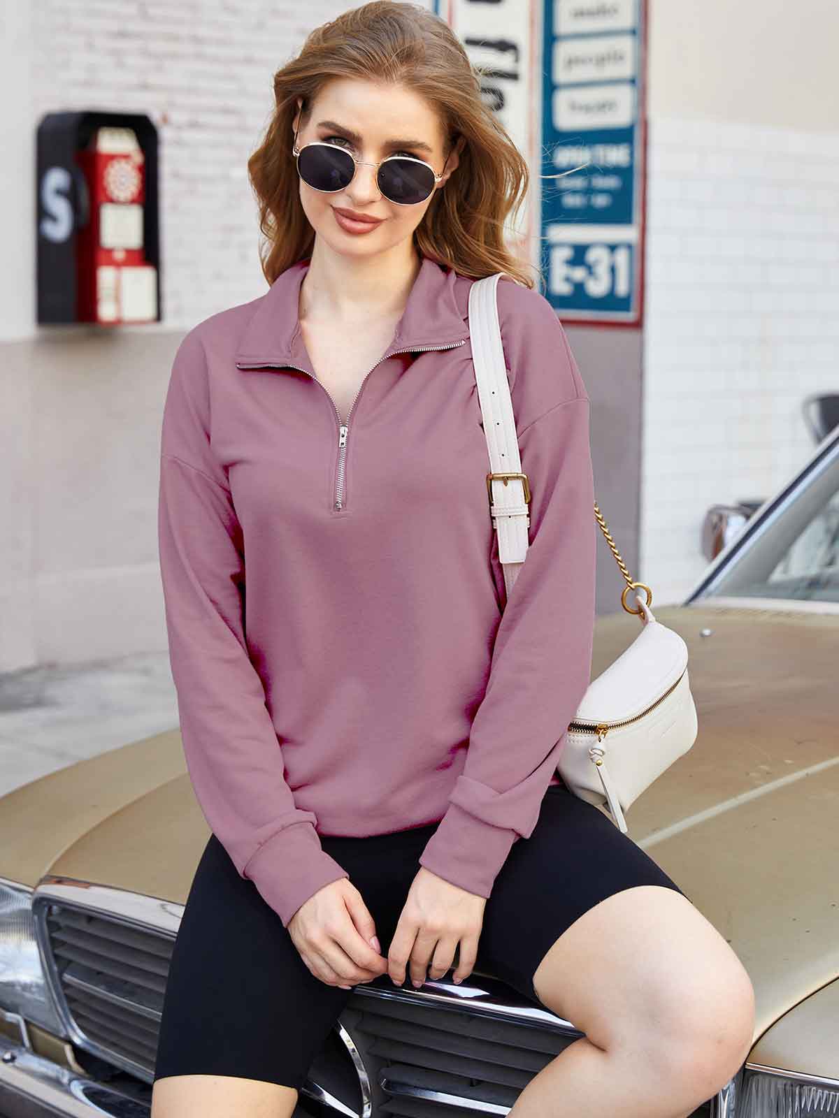 1/4 Lapel Zipper Solid Pullover Sweatshirt