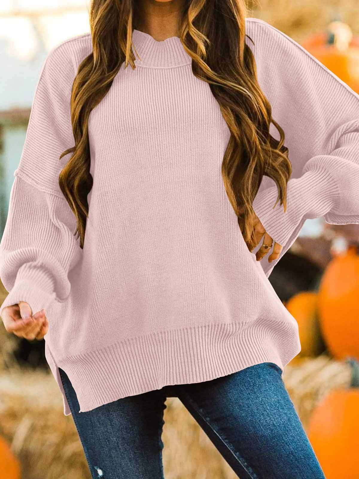 Side Slit Knit Balloon Sleeve Sweater