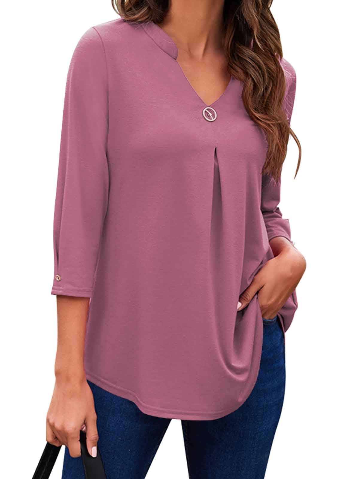 3/4 Sleeve Pleated Plain Tops