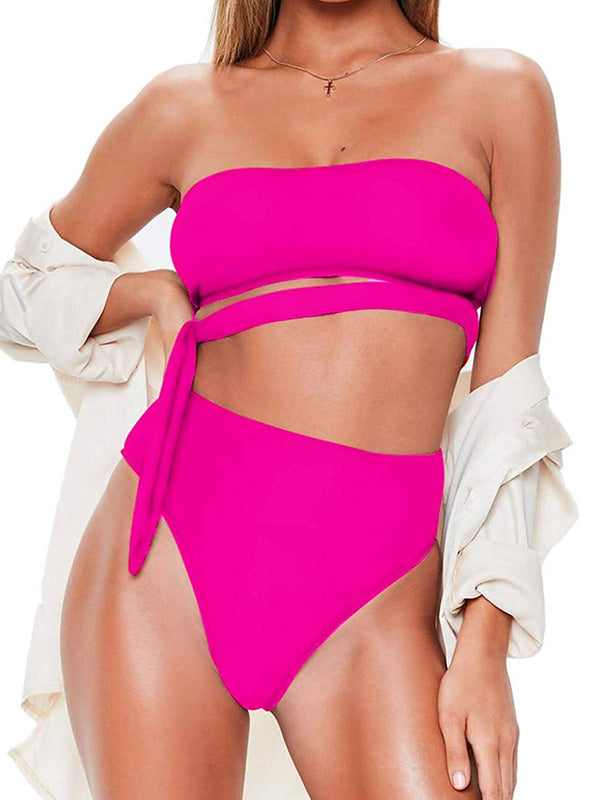 High Self-tie Waist Solid Color Swimsuit