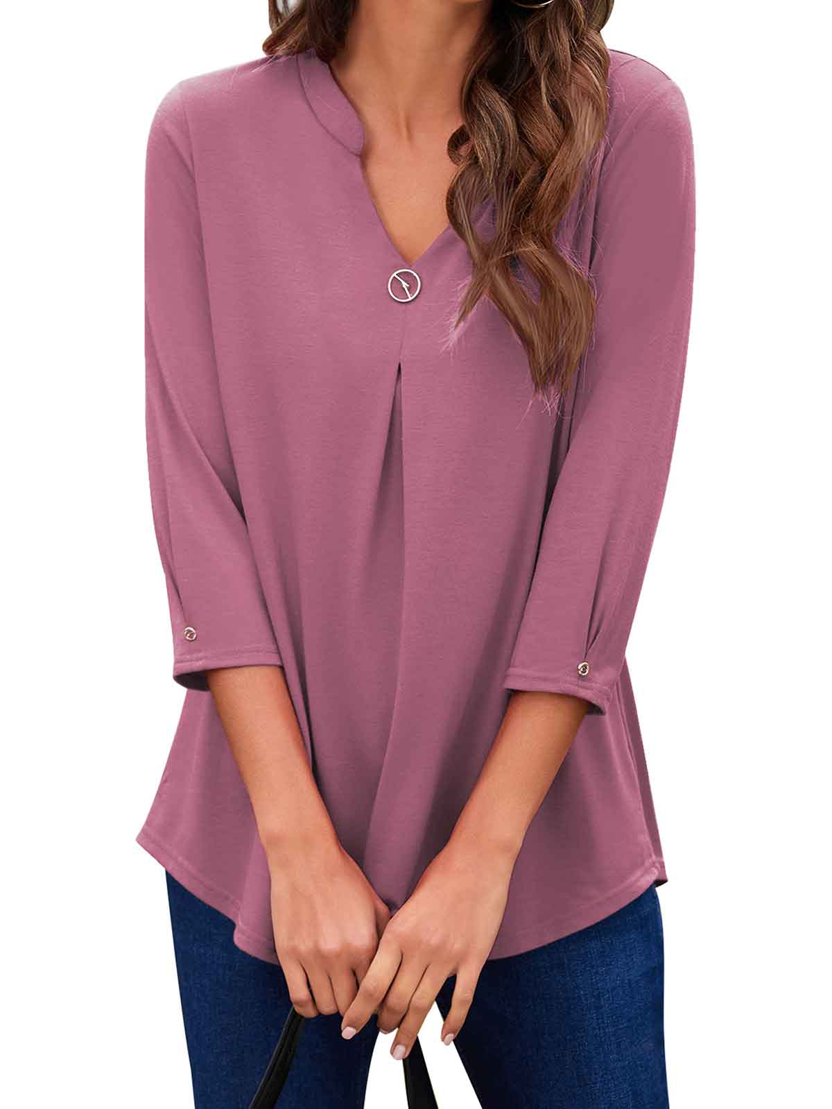 3/4 Sleeve Pleated Plain Tops