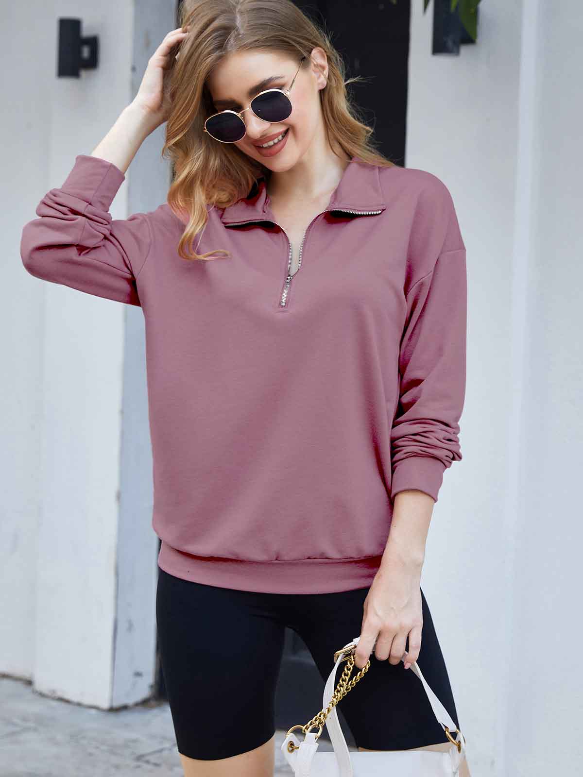 1/4 Lapel Zipper Solid Pullover Sweatshirt