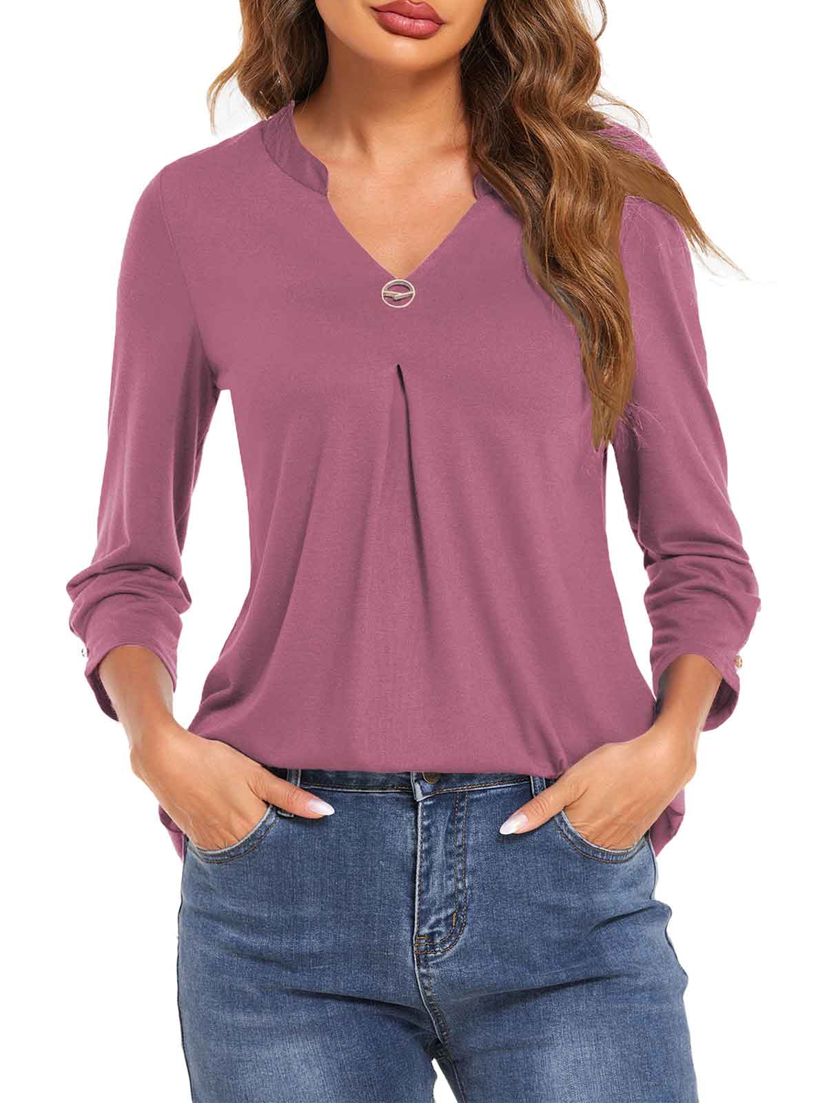 3/4 Sleeve Pleated Plain Tops