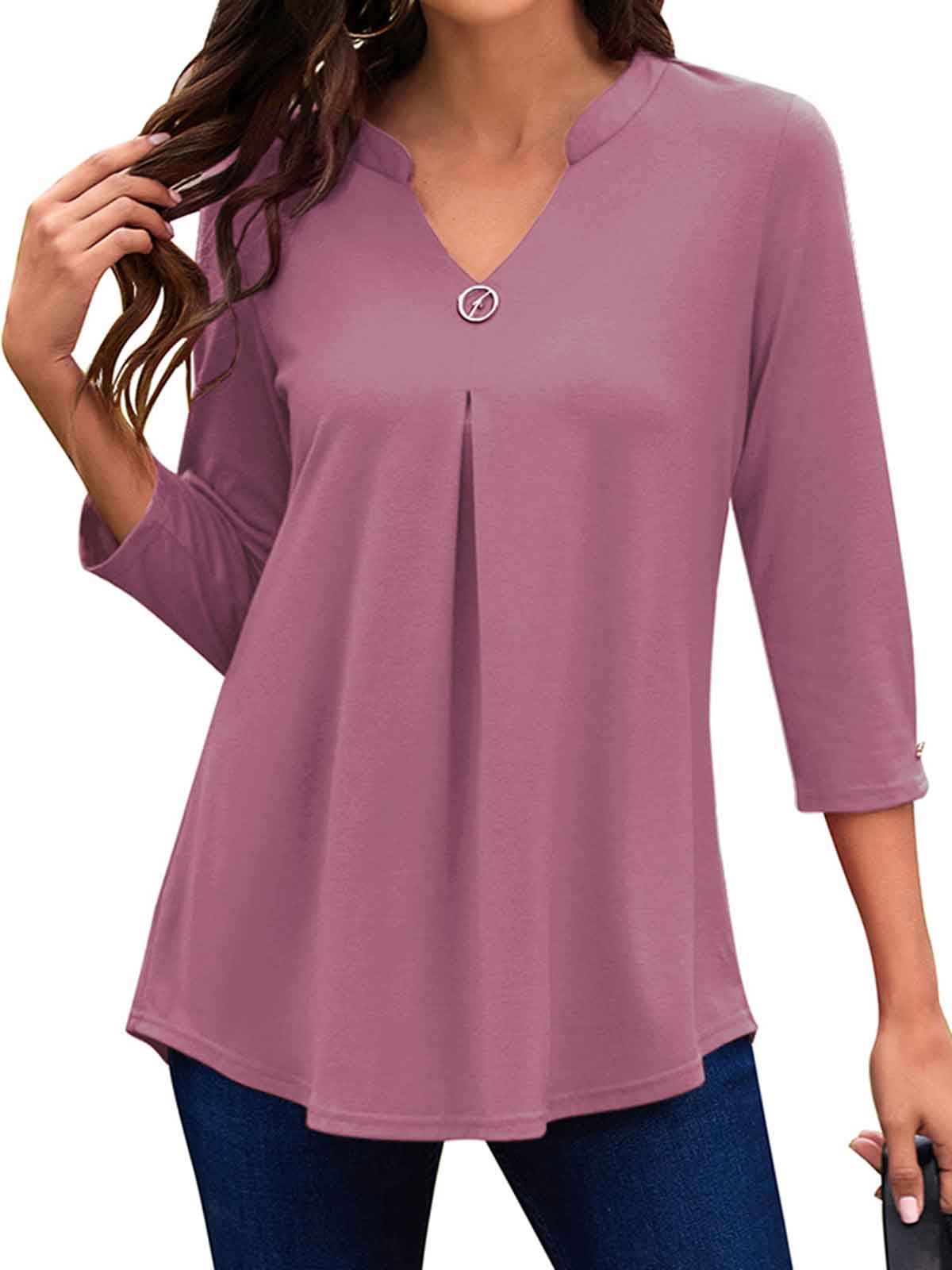 3/4 Sleeve Pleated Plain Tops