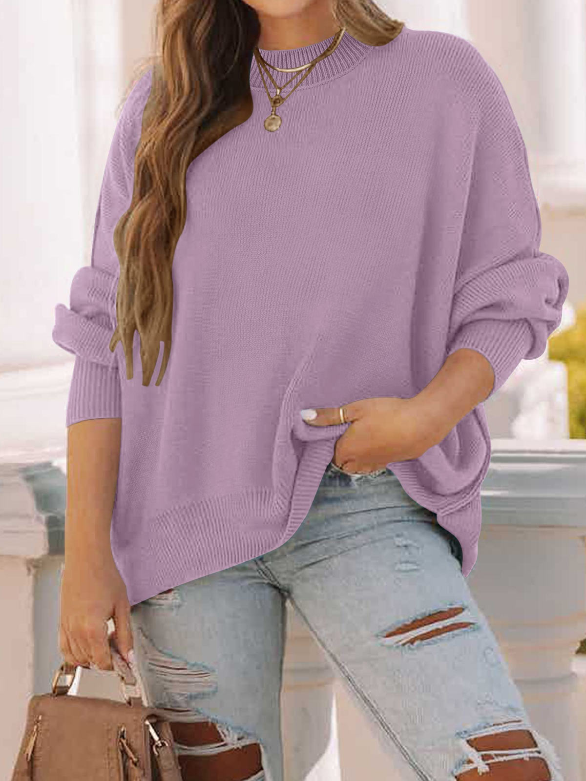 Side Slit Knit Balloon Sleeve Sweater