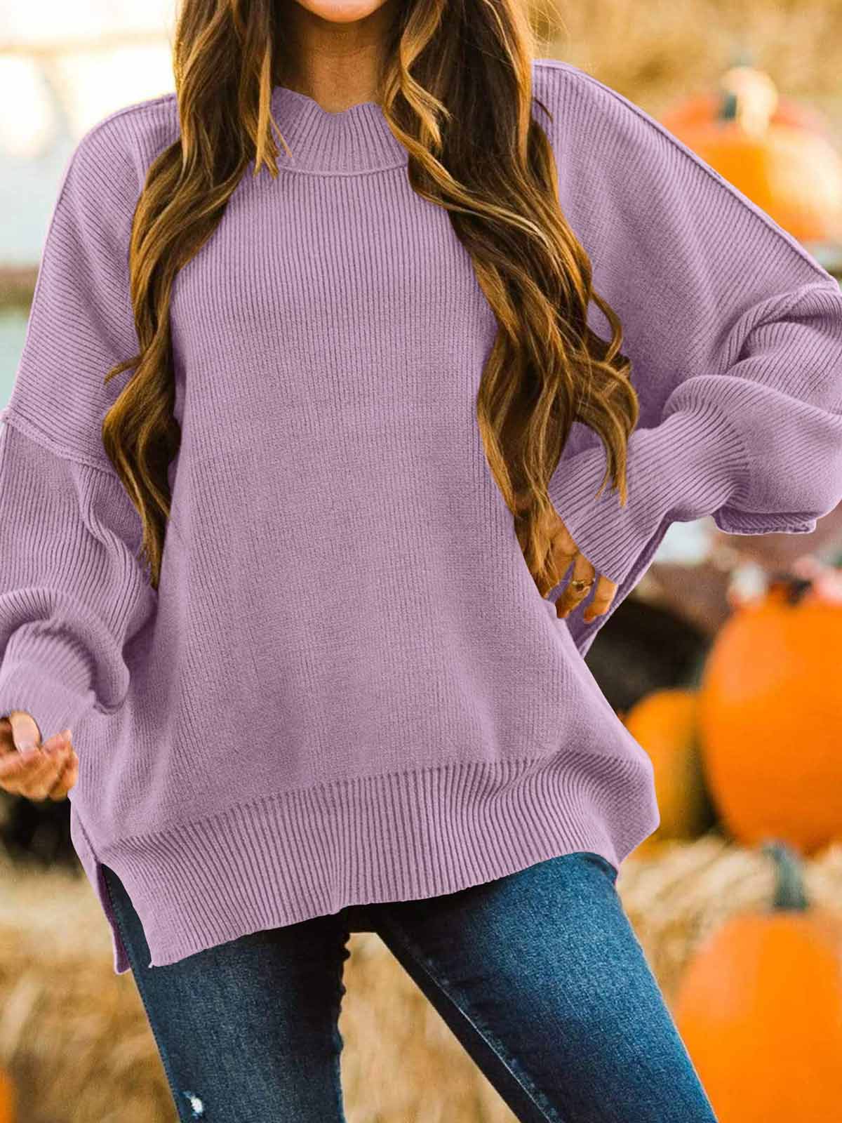 Side Slit Knit Balloon Sleeve Sweater