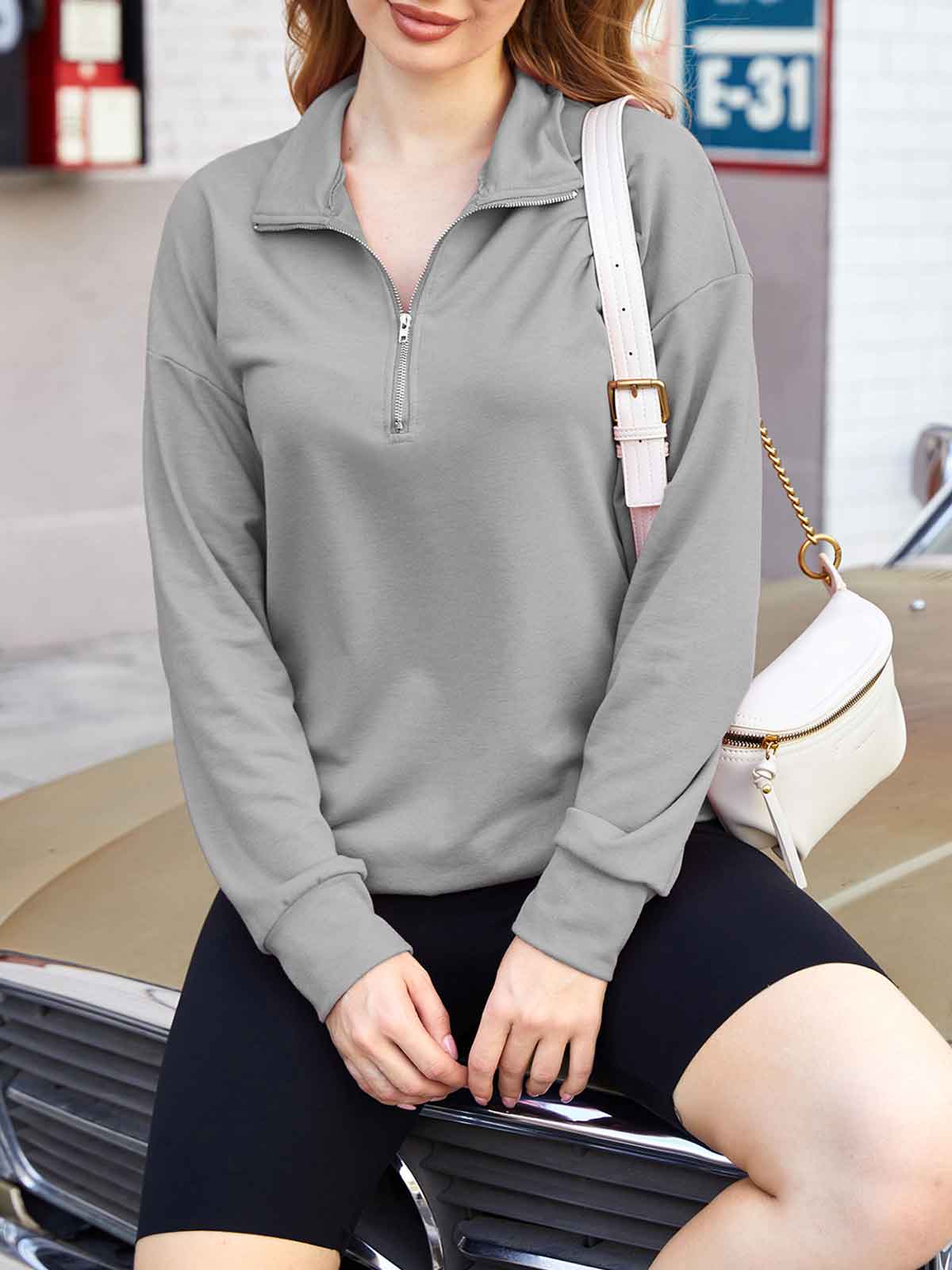 1/4 Lapel Zipper Solid Pullover Sweatshirt