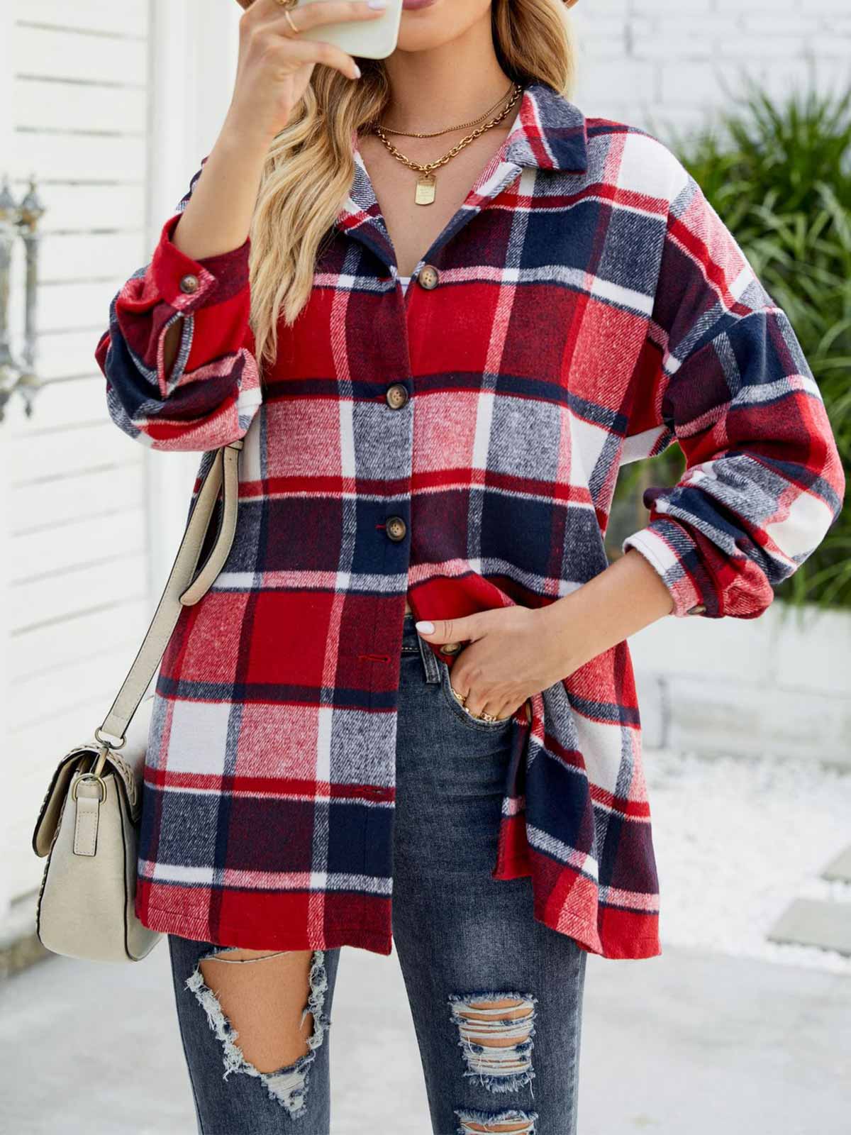 Wool Blend Plaid Button Down Jacket