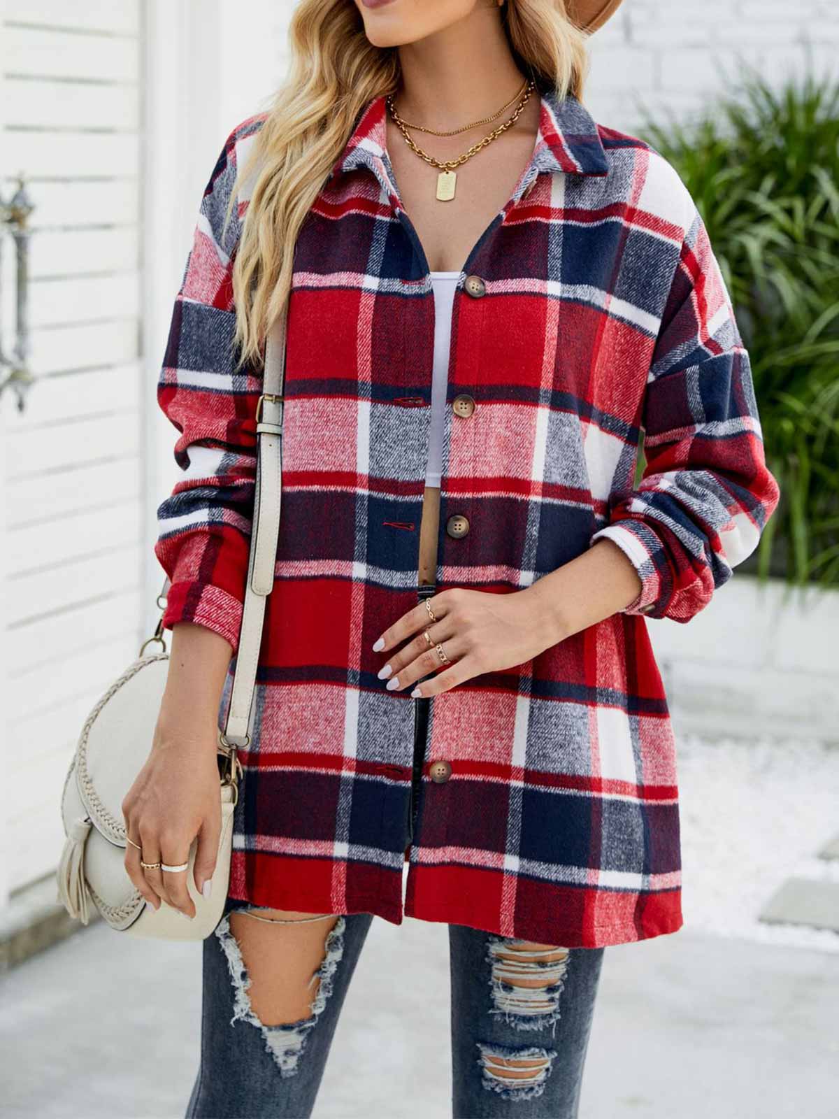 Wool Blend Plaid Button Down Jacket