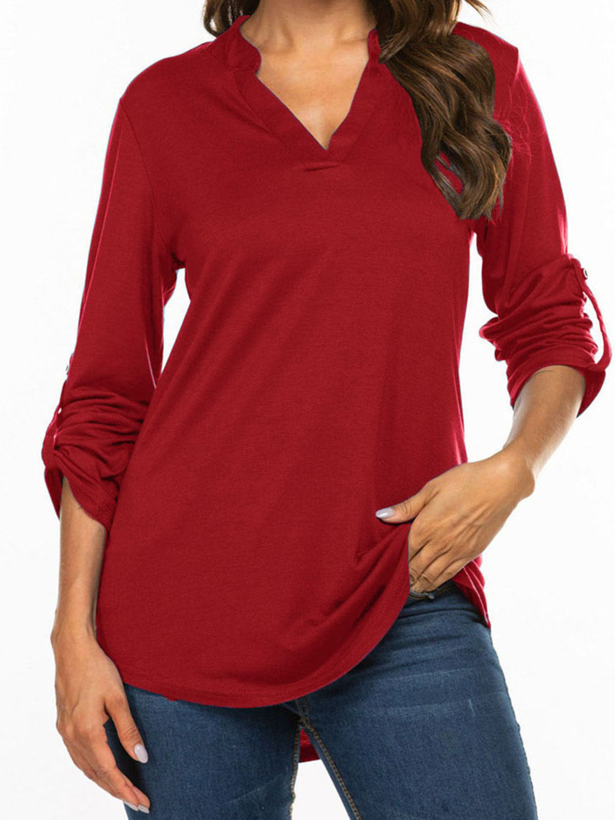 3/4 Sleeve Plain V Neck Tops