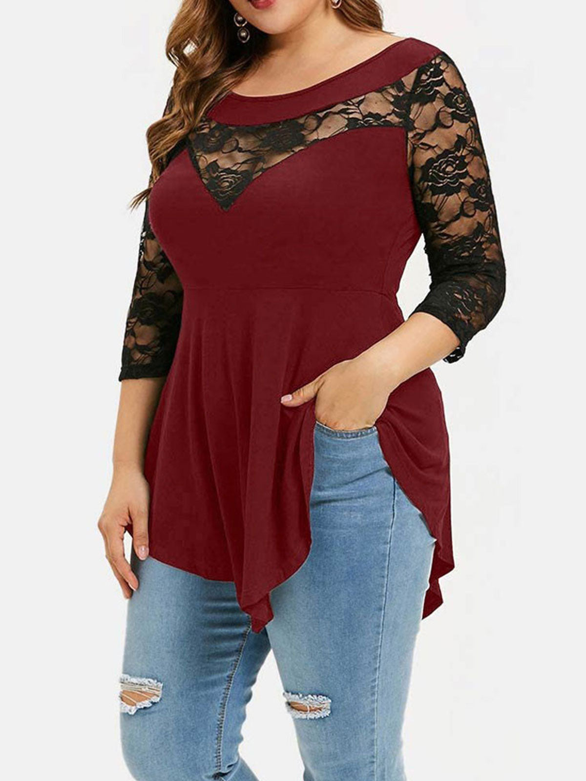 Oversiize Lace Iregular Hem Tops