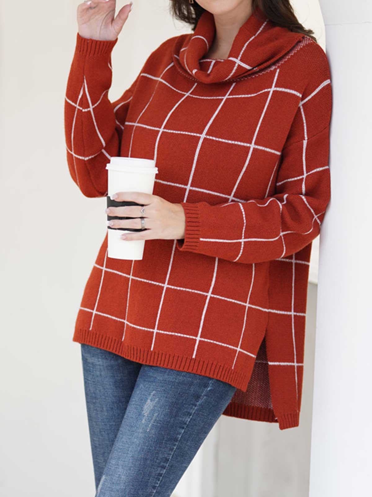 Turtleneck Slide Split Plaid Sweater