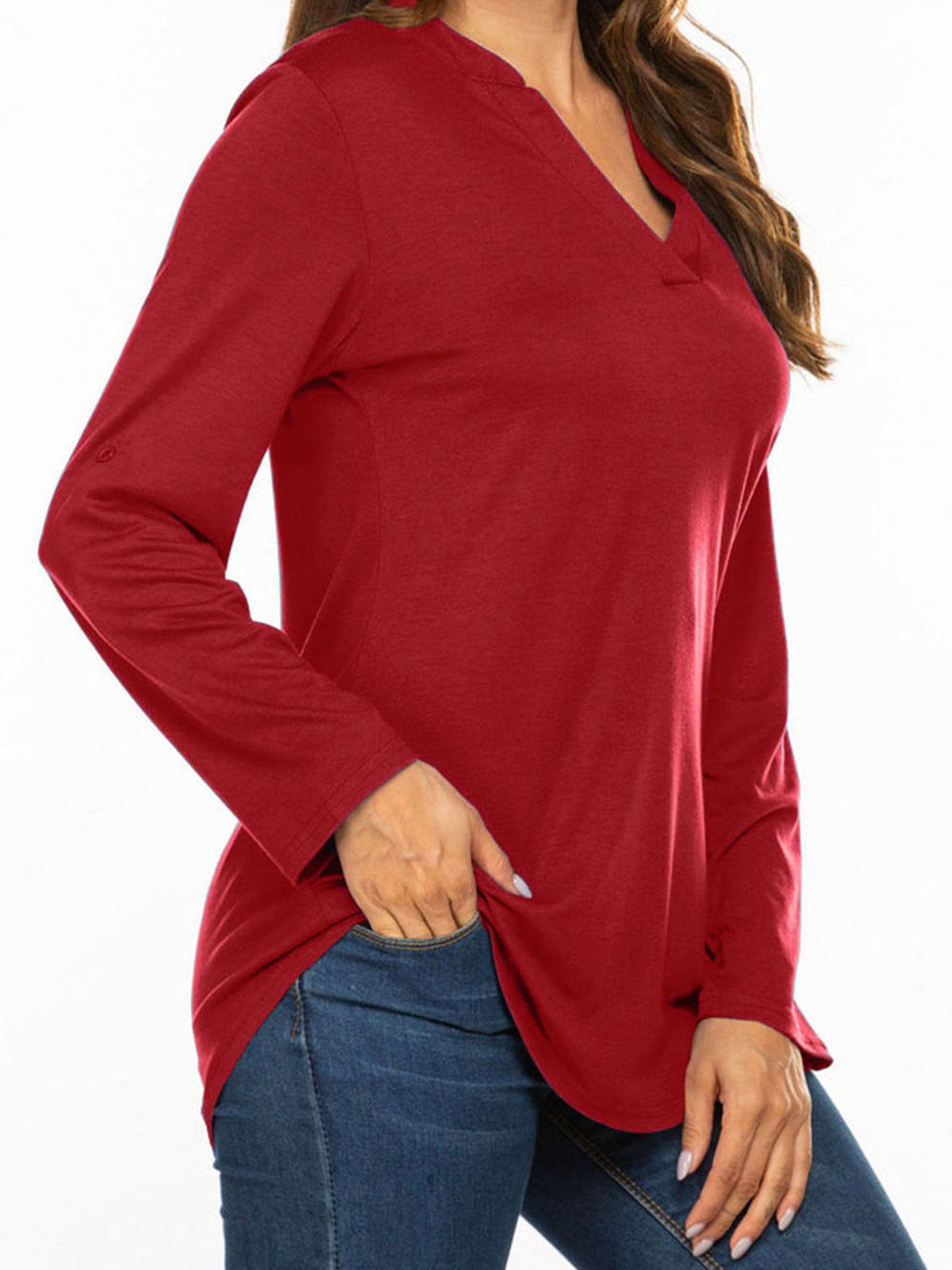 3/4 Sleeve Plain V Neck Tops