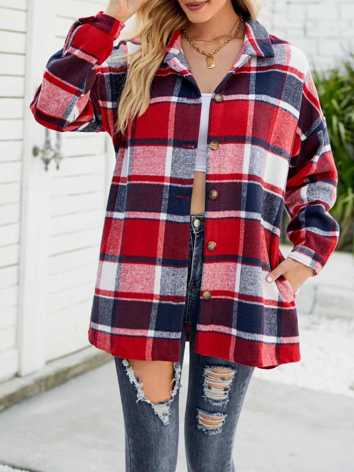 Wool Blend Plaid Button Down Jacket