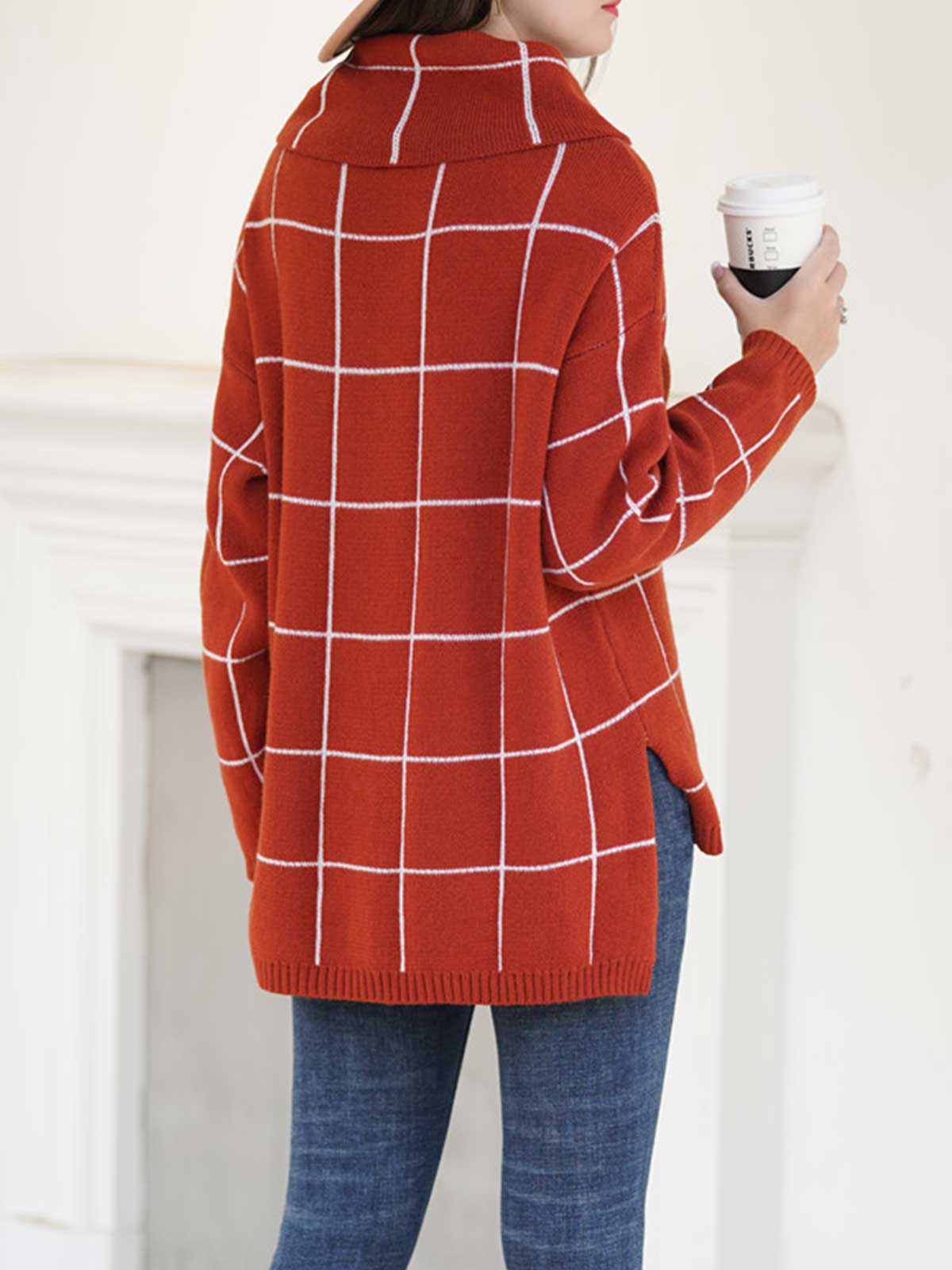 Turtleneck Slide Split Plaid Sweater