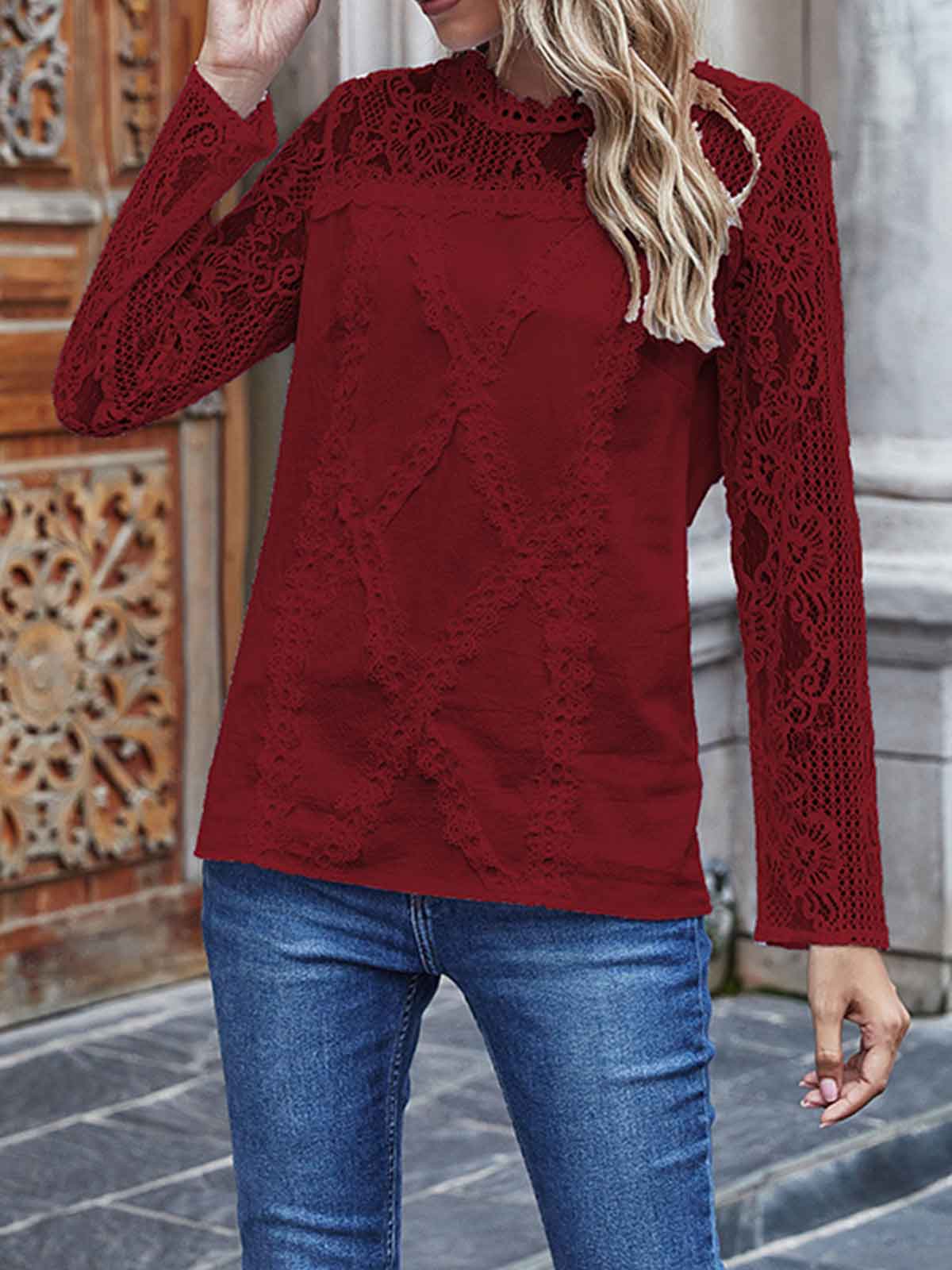 Lace Sleeve Solid Color Tops