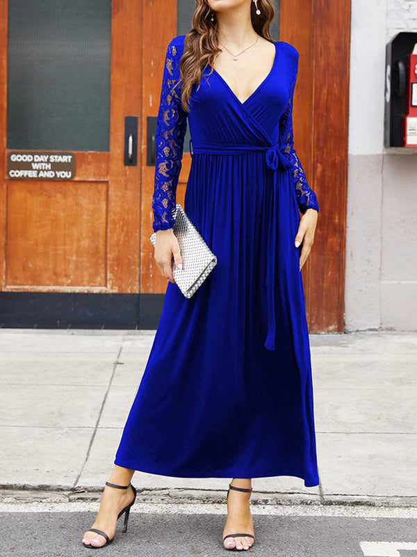 Lace V-neck Maxi Dress with Belt