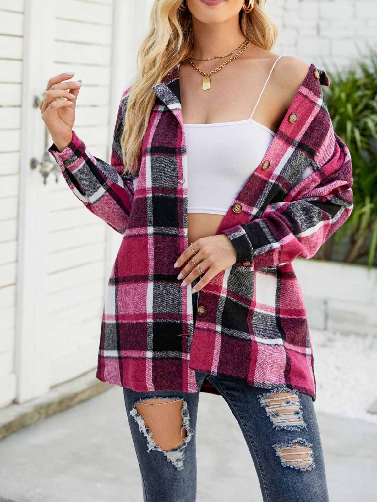 Wool Blend Plaid Button Down Jacket