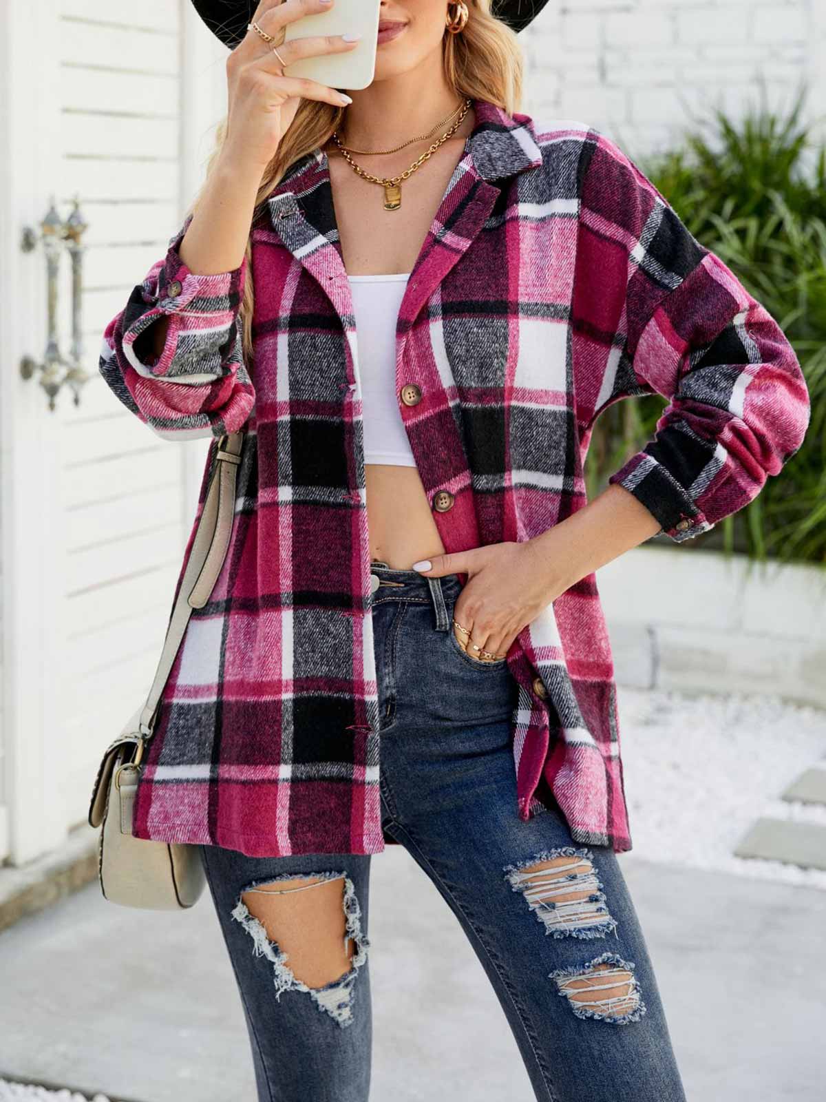 Wool Blend Plaid Button Down Jacket