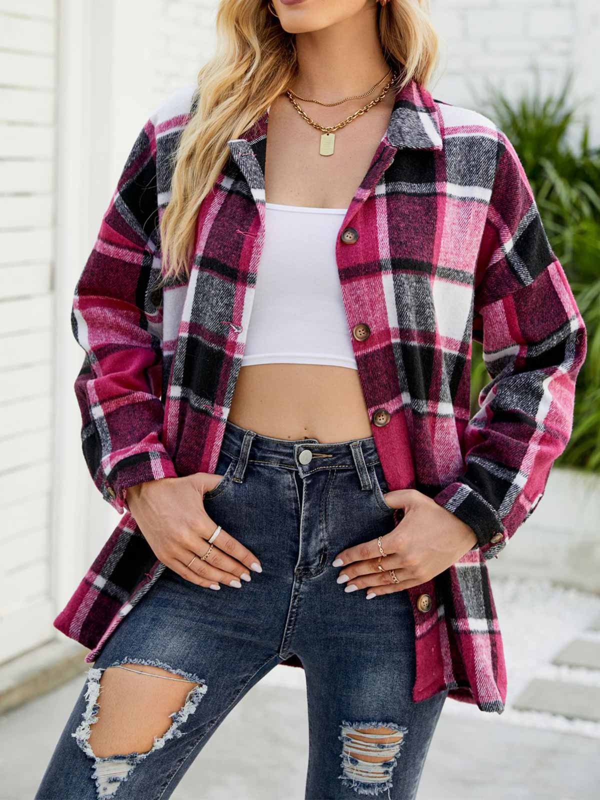 Wool Blend Plaid Button Down Jacket