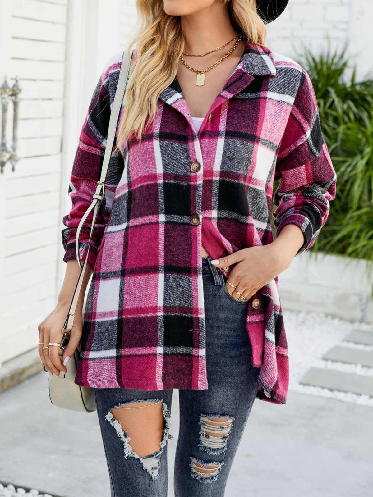 Wool Blend Plaid Button Down Jacket