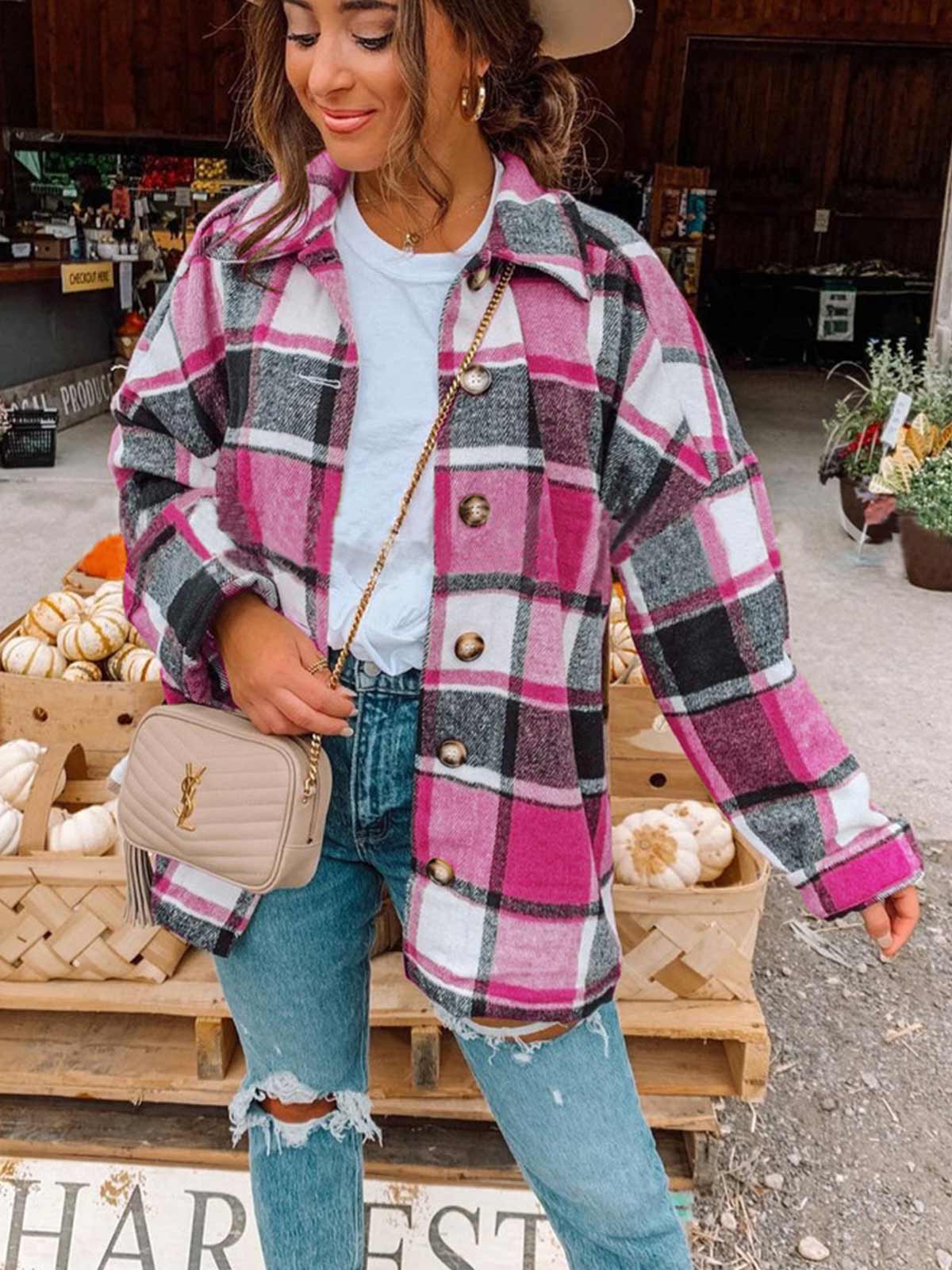 Wool Blend Plaid Button Down Jacket