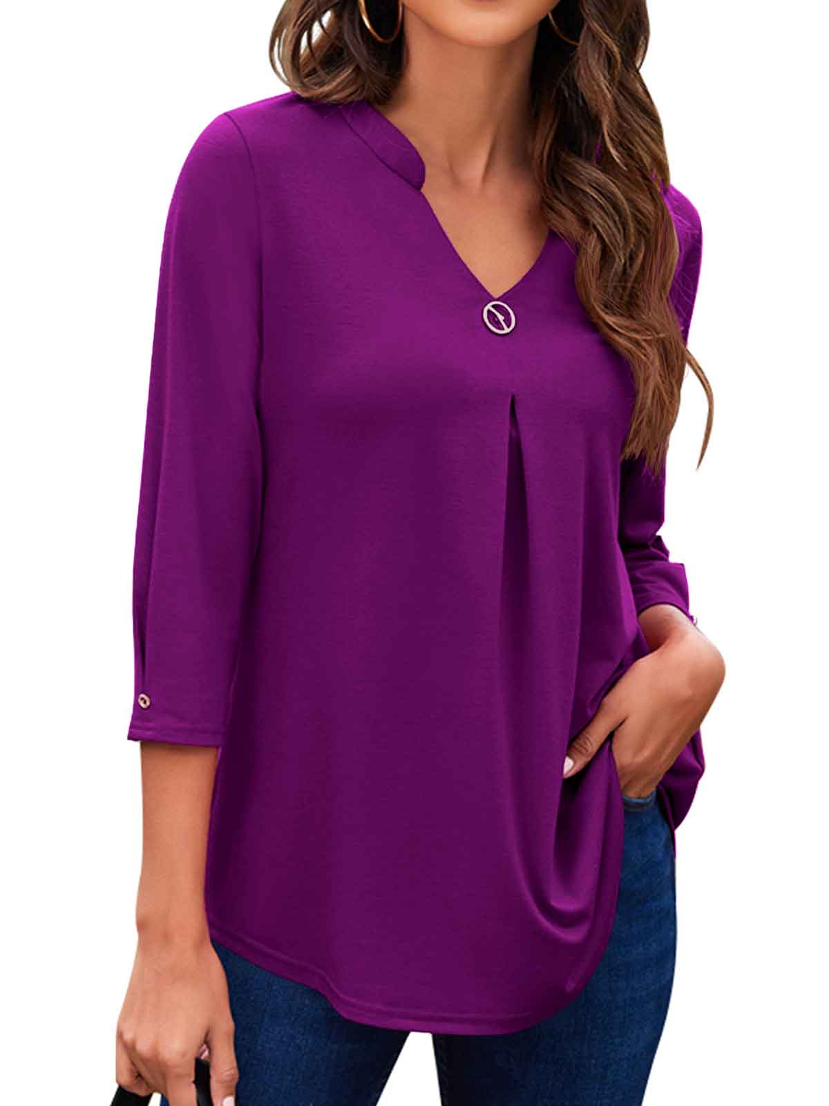 3/4 Sleeve Pleated Plain Tops